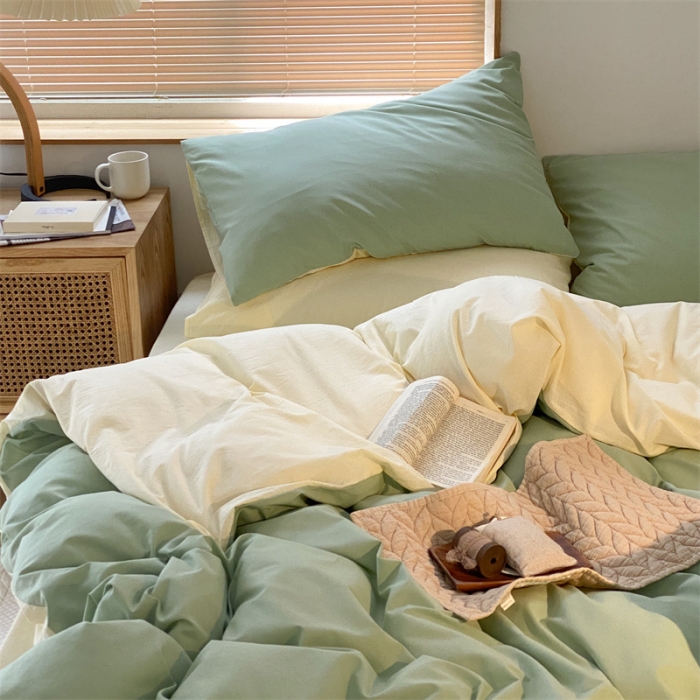 91家纺网 家纺一手货源 找家纺 梦享生活家居 2021新款水洗棉双拼四件套 淡雅绿＋奶茶