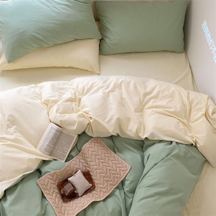 91家纺网 家纺一手货源 找家纺 梦享生活家居 2021新款水洗棉双拼四件套 淡雅绿＋奶茶