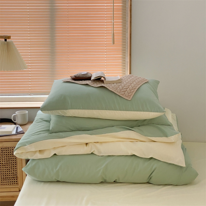 91家纺网 家纺一手货源 找家纺 梦享生活家居 2021新款水洗棉双拼四件套 淡雅绿＋奶茶