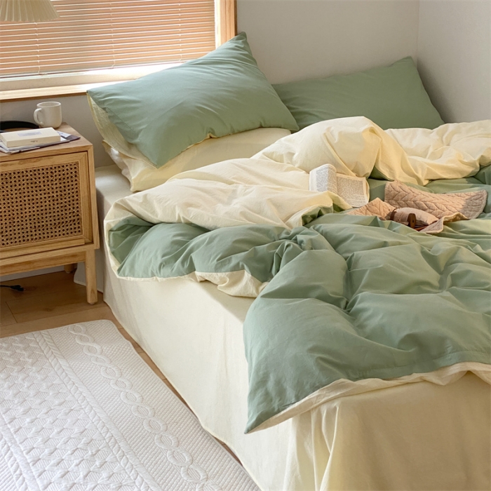 91家纺网 家纺一手货源 找家纺 梦享生活家居 2021新款水洗棉双拼四件套 淡雅绿＋奶茶