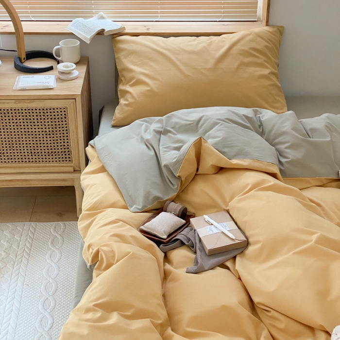 91家纺网 家纺一手货源 找家纺 梦享生活家居 2021新款水洗棉双拼四件套 蜂蜜黄＋抹茶
