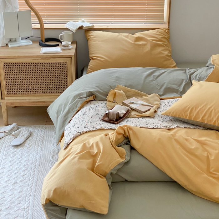 91家纺网 家纺一手货源 找家纺 梦享生活家居 2021新款水洗棉双拼四件套 蜂蜜黄＋抹茶