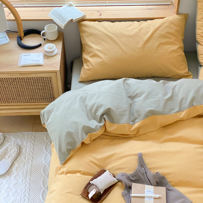 91家纺网 家纺一手货源 找家纺 梦享生活家居 2021新款水洗棉双拼四件套 蜂蜜黄＋抹茶
