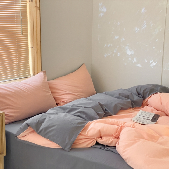 91家纺网 家纺一手货源 找家纺 梦享生活家居 2021新款水洗棉双拼四件套 橘粉＋淡灰