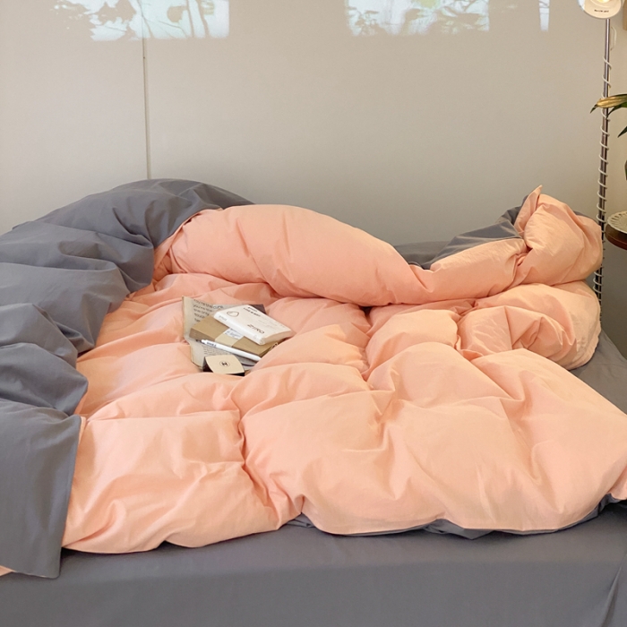 91家纺网 家纺一手货源 找家纺 梦享生活家居 2021新款水洗棉双拼四件套 橘粉＋淡灰