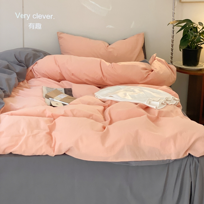 91家纺网 家纺一手货源 找家纺 梦享生活家居 2021新款水洗棉双拼四件套 橘粉＋淡灰