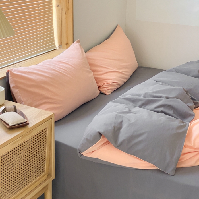 91家纺网 家纺一手货源 找家纺 梦享生活家居 2021新款水洗棉双拼四件套 橘粉＋淡灰