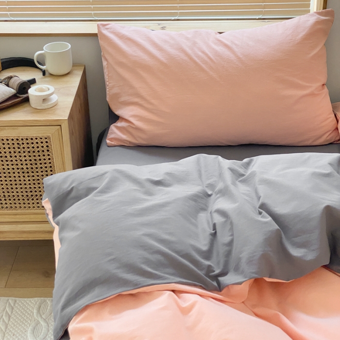 91家纺网 家纺一手货源 找家纺 梦享生活家居 2021新款水洗棉双拼四件套 橘粉＋淡灰