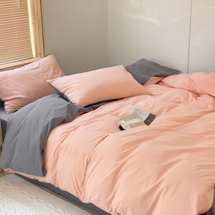 91家纺网 家纺一手货源 找家纺 梦享生活家居 2021新款水洗棉双拼四件套 橘粉＋淡灰