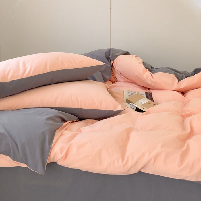 91家纺网 家纺一手货源 找家纺 梦享生活家居 2021新款水洗棉双拼四件套 橘粉＋淡灰