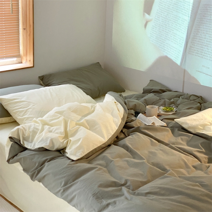 91家纺网 家纺一手货源 找家纺 梦享生活家居 2021新款水洗棉双拼四件套 抹茶＋奶茶