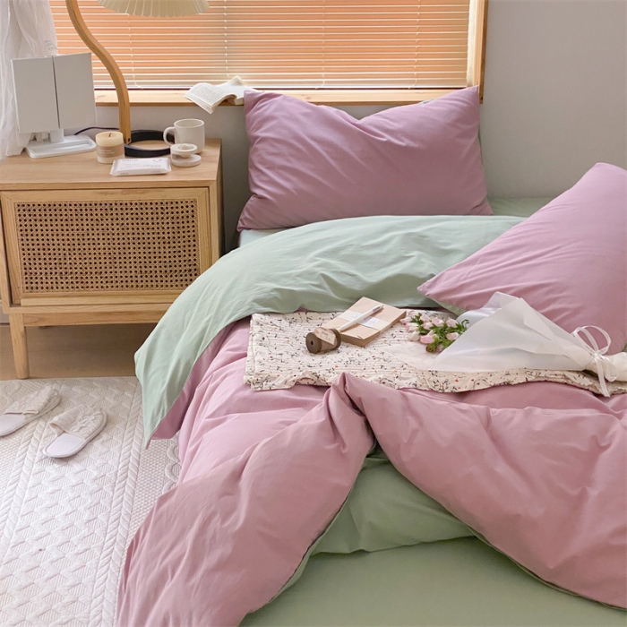 91家纺网 家纺一手货源 找家纺 梦享生活家居 2021新款水洗棉双拼四件套 藕紫＋淡雅绿
