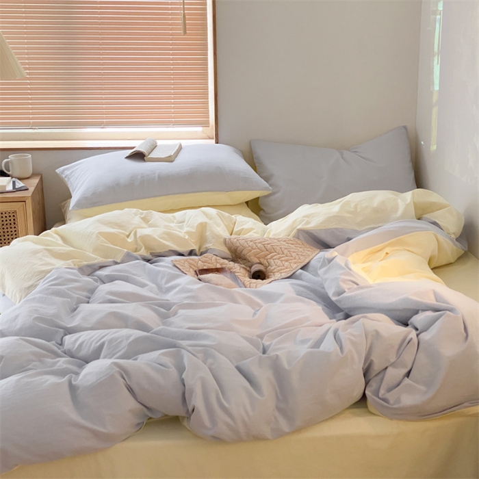 91家纺网 家纺一手货源 找家纺 梦享生活家居 2021新款水洗棉双拼四件套 浅蓝＋奶茶