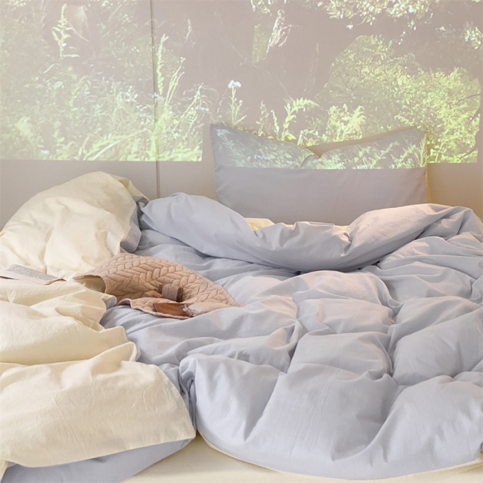 91家纺网 家纺一手货源 找家纺 梦享生活家居 2021新款水洗棉双拼四件套 浅蓝＋奶茶