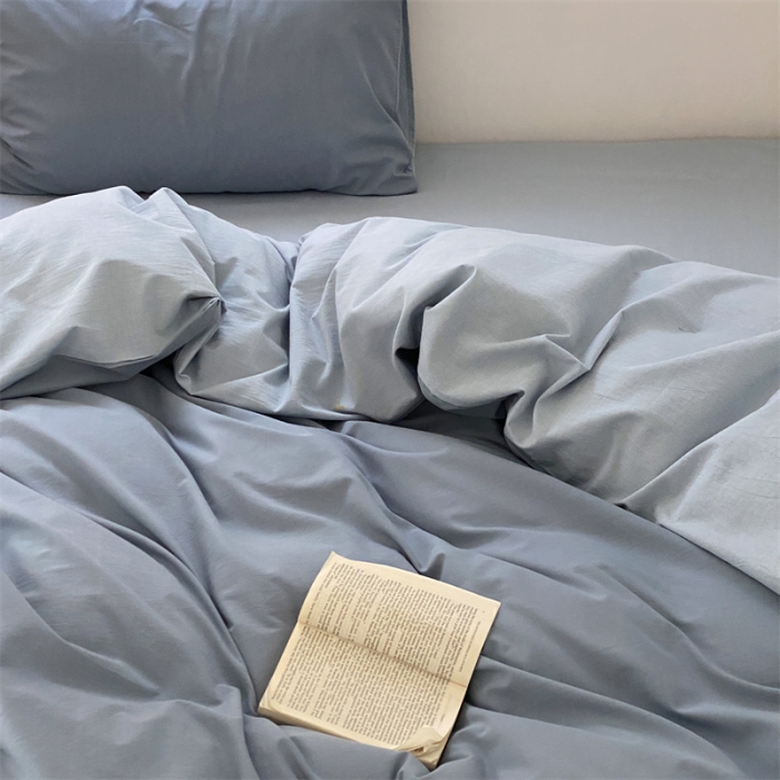 91家纺网 家纺一手货源 找家纺 梦享生活家居 2021新款水洗棉双拼四件套 雾蓝＋浅蓝