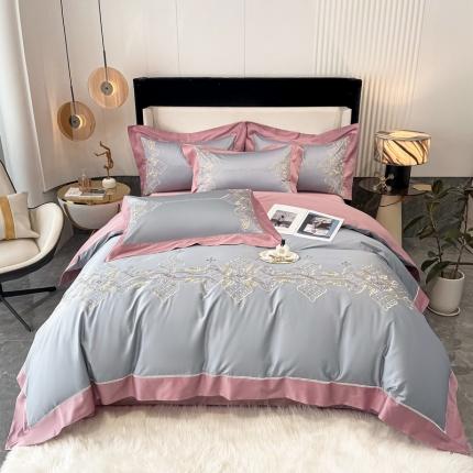 91家纺网 家纺一手货源 找家纺 品家居2021新款180S全棉澳棉刺绣四件套 伊莲-荧光灰粉