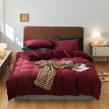 梦享生活家居 2021新款天鹅绒轻奢千鸟格四件套 波尔多红