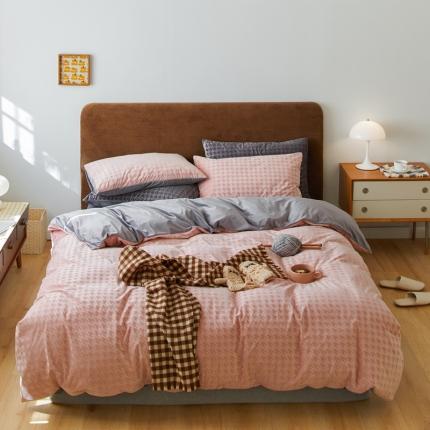 梦享生活家居 2021新款天鹅绒轻奢千鸟格四件套 粉双拼