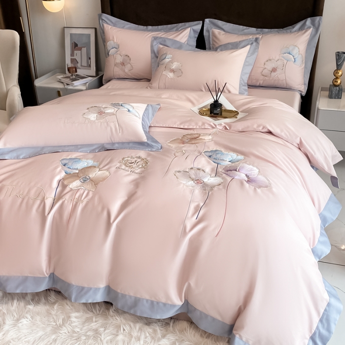 91家纺网 家纺一手货源 找家纺 品家居 2021新款180S全棉澳棉刺绣四件套 艾妮尔-粉