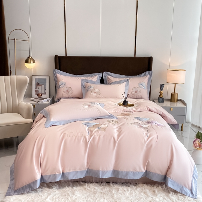 91家纺网 家纺一手货源 找家纺 品家居 2021新款180S全棉澳棉刺绣四件套 艾妮尔-粉