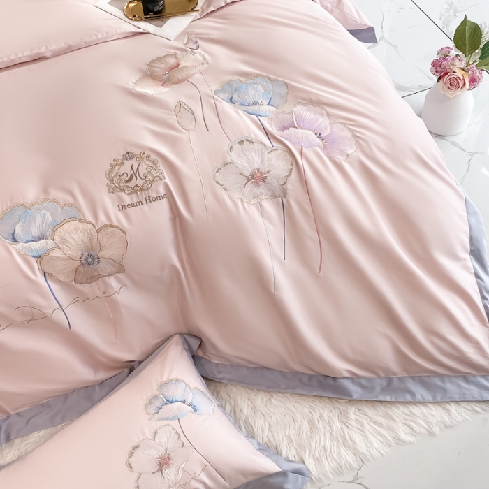 91家纺网 家纺一手货源 找家纺 品家居 2021新款180S全棉澳棉刺绣四件套 艾妮尔-粉