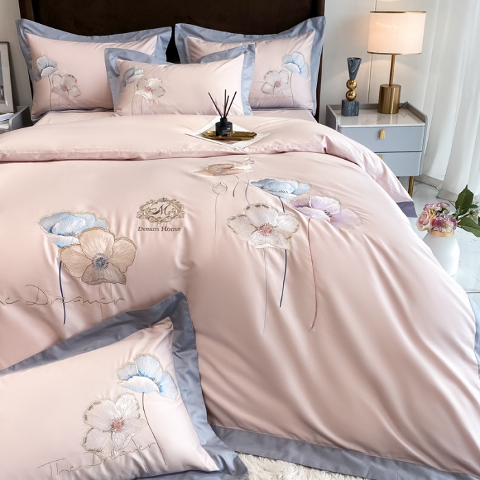 91家纺网 家纺一手货源 找家纺 品家居 2021新款180S全棉澳棉刺绣四件套 艾妮尔-粉