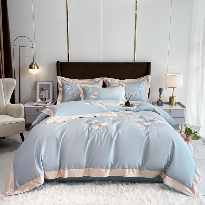 91家纺网 家纺一手货源 找家纺 品家居 2021新款180S全棉澳棉刺绣四件套 艾妮尔-蓝