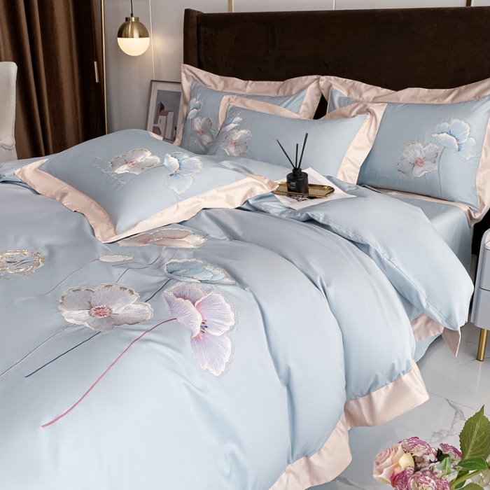 91家纺网 家纺一手货源 找家纺 品家居 2021新款180S全棉澳棉刺绣四件套 艾妮尔-蓝