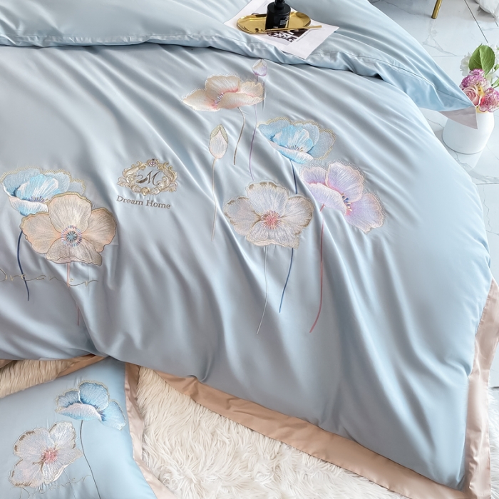 91家纺网 家纺一手货源 找家纺 品家居 2021新款180S全棉澳棉刺绣四件套 艾妮尔-蓝