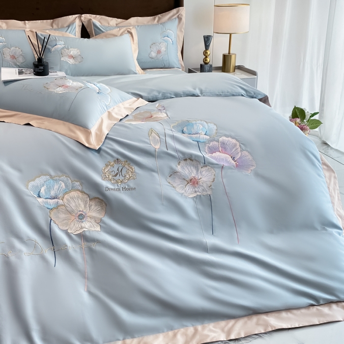 91家纺网 家纺一手货源 找家纺 品家居 2021新款180S全棉澳棉刺绣四件套 艾妮尔-蓝