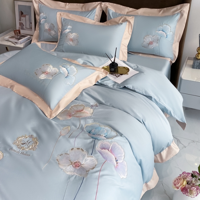 91家纺网 家纺一手货源 找家纺 品家居 2021新款180S全棉澳棉刺绣四件套 艾妮尔-蓝