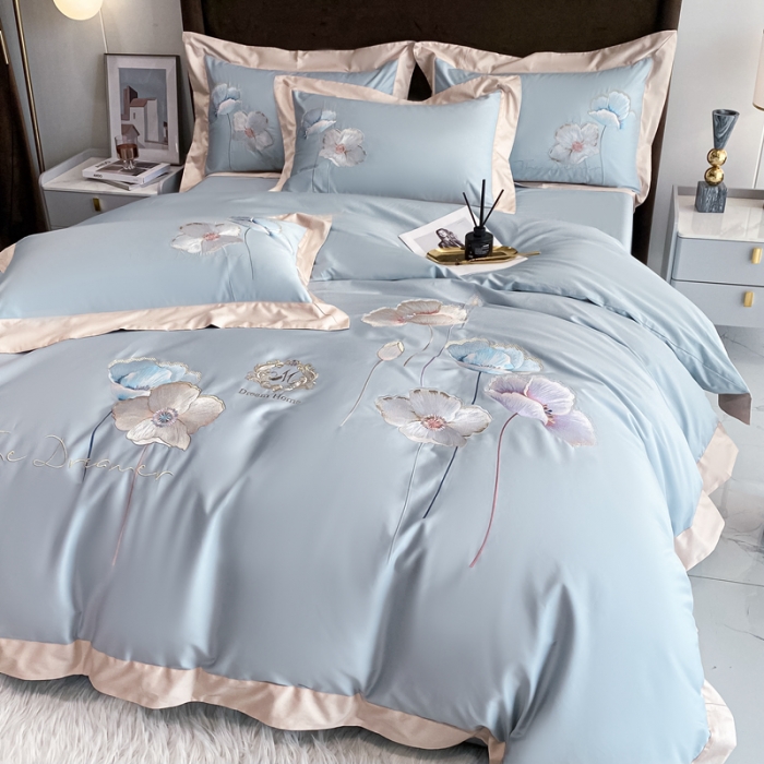 91家纺网 家纺一手货源 找家纺 品家居 2021新款180S全棉澳棉刺绣四件套 艾妮尔-蓝