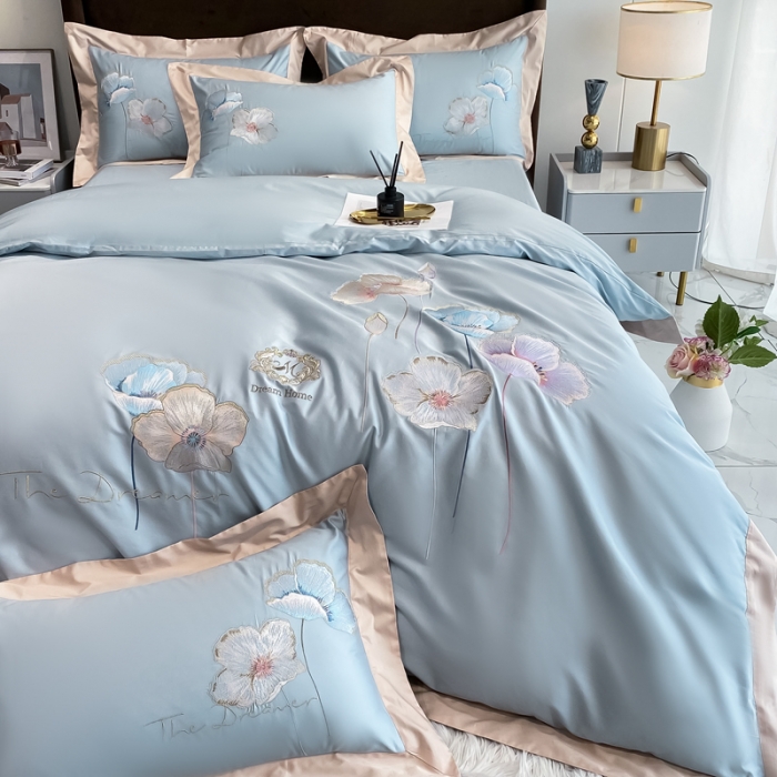 91家纺网 家纺一手货源 找家纺 品家居 2021新款180S全棉澳棉刺绣四件套 艾妮尔-蓝