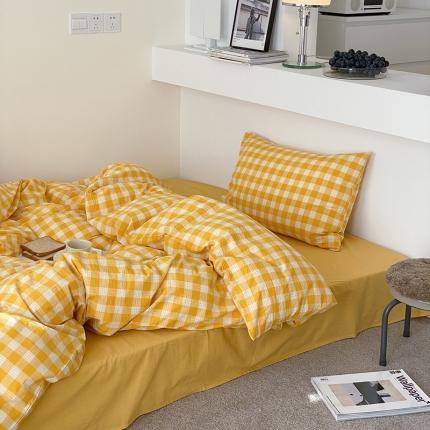 91家纺网 家纺一手货源 找家纺 梦享生活家居 2021新款水洗棉色织全棉四件套 晓月格黄