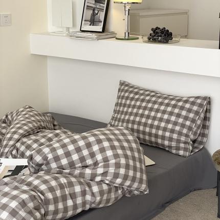 91家纺网 家纺一手货源 找家纺 梦享生活家居 2021新款水洗棉色织全棉四件套 晓月格灰