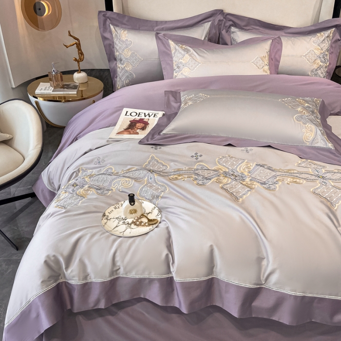 91家纺网 家纺一手货源 找家纺 品家居 2021新款180S全棉澳棉刺绣四件套 伊莲-粉灰紫