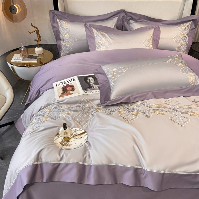 91家纺网 家纺一手货源 找家纺 品家居 2021新款180S全棉澳棉刺绣四件套 伊莲-粉灰紫