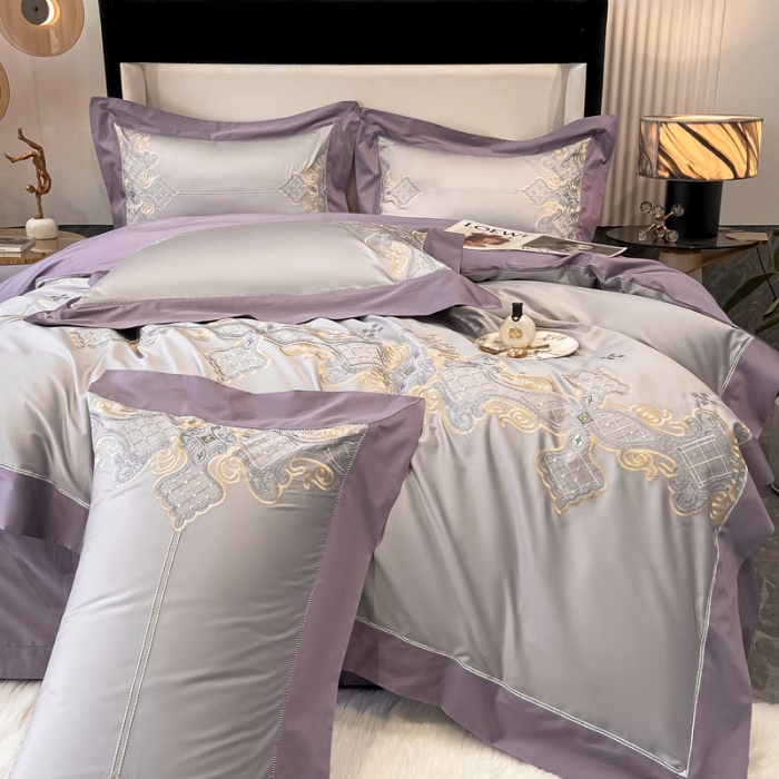 91家纺网 家纺一手货源 找家纺 品家居 2021新款180S全棉澳棉刺绣四件套 伊莲-粉灰紫