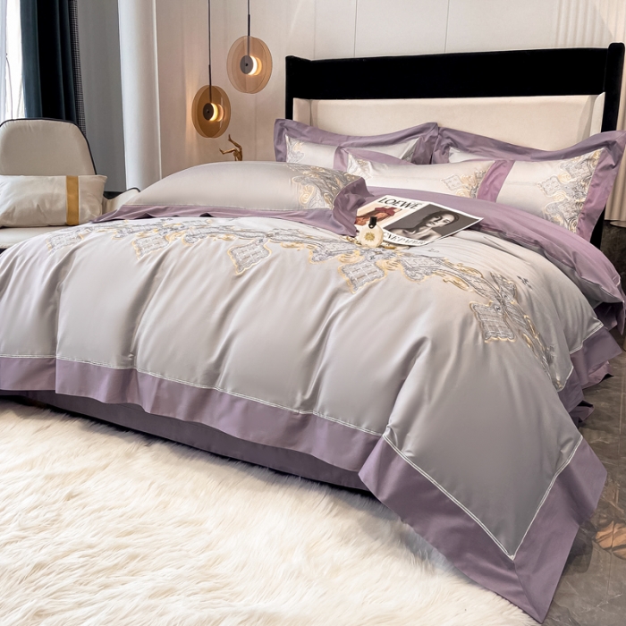 91家纺网 家纺一手货源 找家纺 品家居 2021新款180S全棉澳棉刺绣四件套 伊莲-粉灰紫