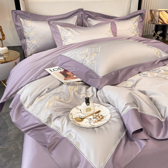 91家纺网 家纺一手货源 找家纺 品家居 2021新款180S全棉澳棉刺绣四件套 伊莲-粉灰紫