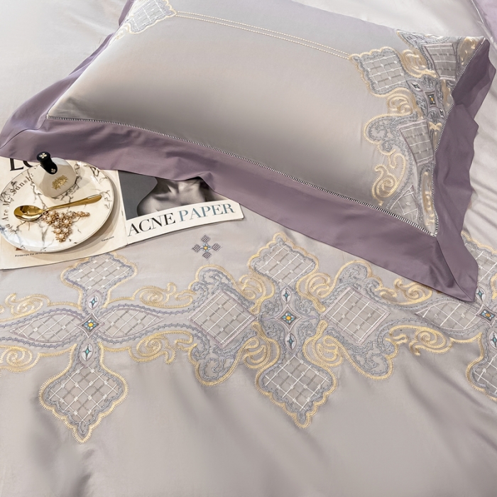 91家纺网 家纺一手货源 找家纺 品家居 2021新款180S全棉澳棉刺绣四件套 伊莲-粉灰紫