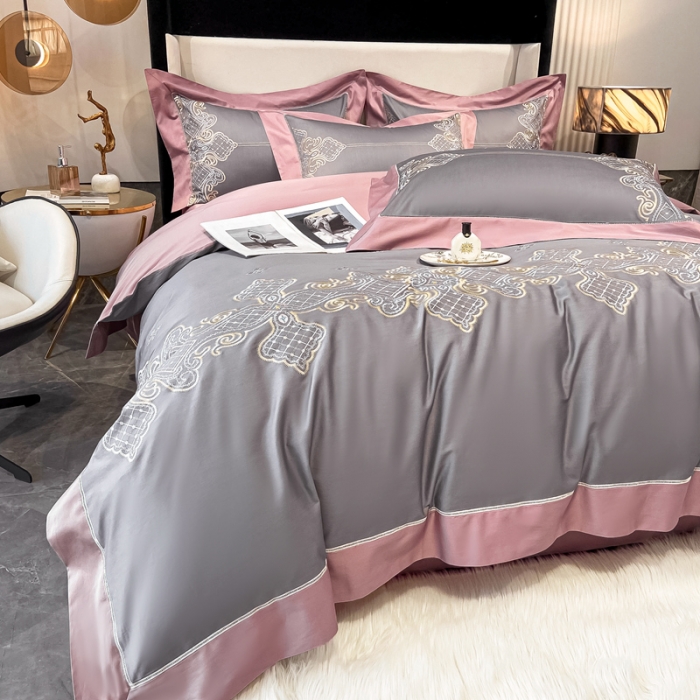 91家纺网 家纺一手货源 找家纺 品家居 2021新款180S全棉澳棉刺绣四件套 伊莲-卡其粉