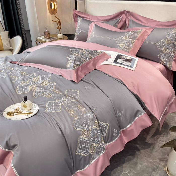 91家纺网 家纺一手货源 找家纺 品家居 2021新款180S全棉澳棉刺绣四件套 伊莲-卡其粉