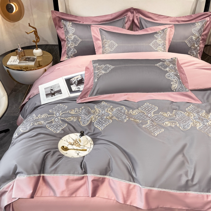 91家纺网 家纺一手货源 找家纺 品家居 2021新款180S全棉澳棉刺绣四件套 伊莲-卡其粉