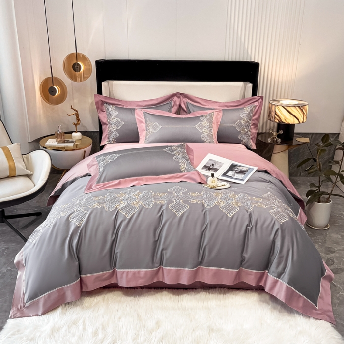 91家纺网 家纺一手货源 找家纺 品家居 2021新款180S全棉澳棉刺绣四件套 伊莲-卡其粉