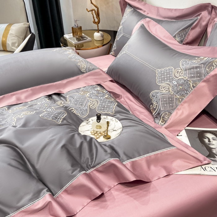 91家纺网 家纺一手货源 找家纺 品家居 2021新款180S全棉澳棉刺绣四件套 伊莲-卡其粉