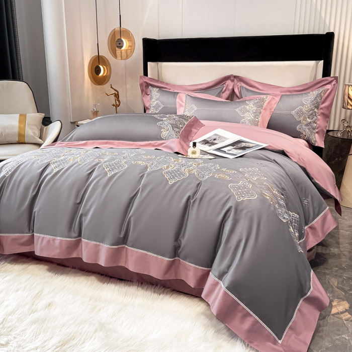 91家纺网 家纺一手货源 找家纺 品家居 2021新款180S全棉澳棉刺绣四件套 伊莲-卡其粉