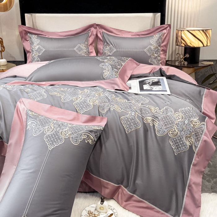 91家纺网 家纺一手货源 找家纺 品家居 2021新款180S全棉澳棉刺绣四件套 伊莲-卡其粉