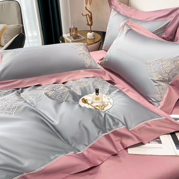 91家纺网 家纺一手货源 找家纺 品家居2021新款180S全棉澳棉刺绣四件套 伊莲-荧光灰粉