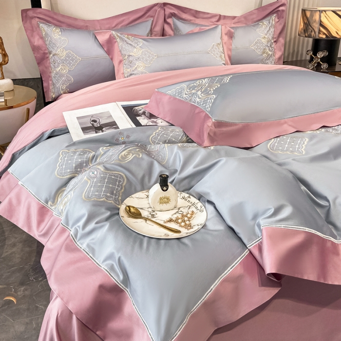 91家纺网 家纺一手货源 找家纺 品家居2021新款180S全棉澳棉刺绣四件套 伊莲-荧光灰粉